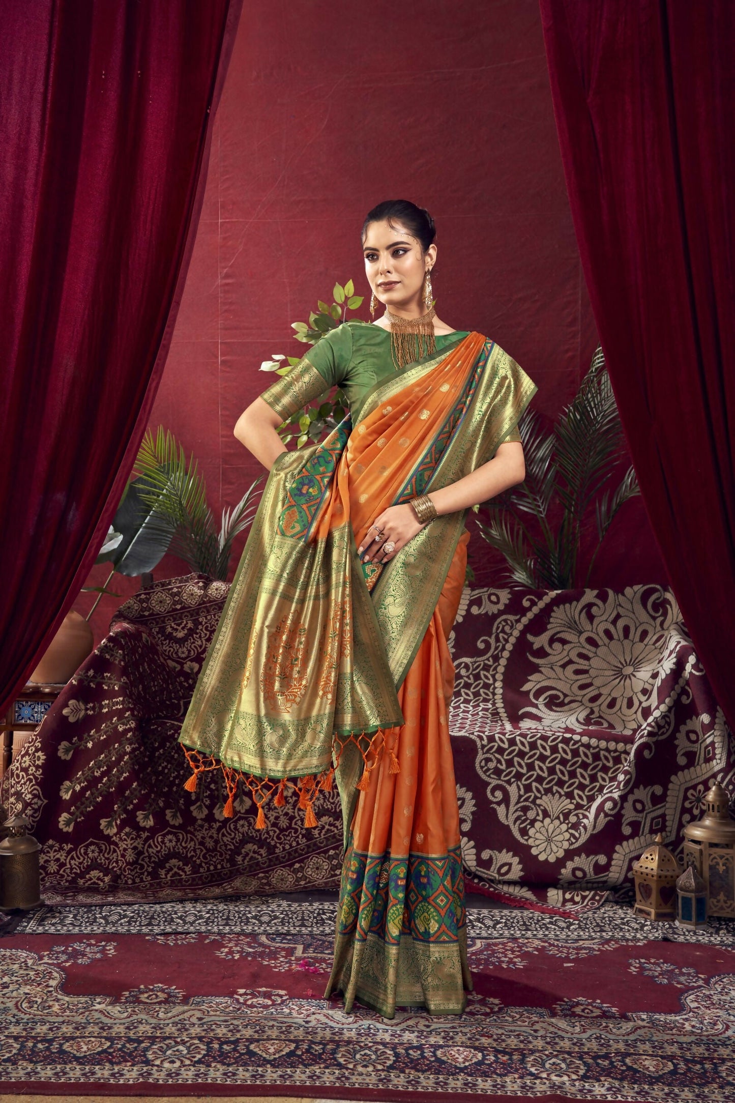 Vishnu Weaves Women's Orange Paithani Silk Saree with Blouse - Swadesiicart