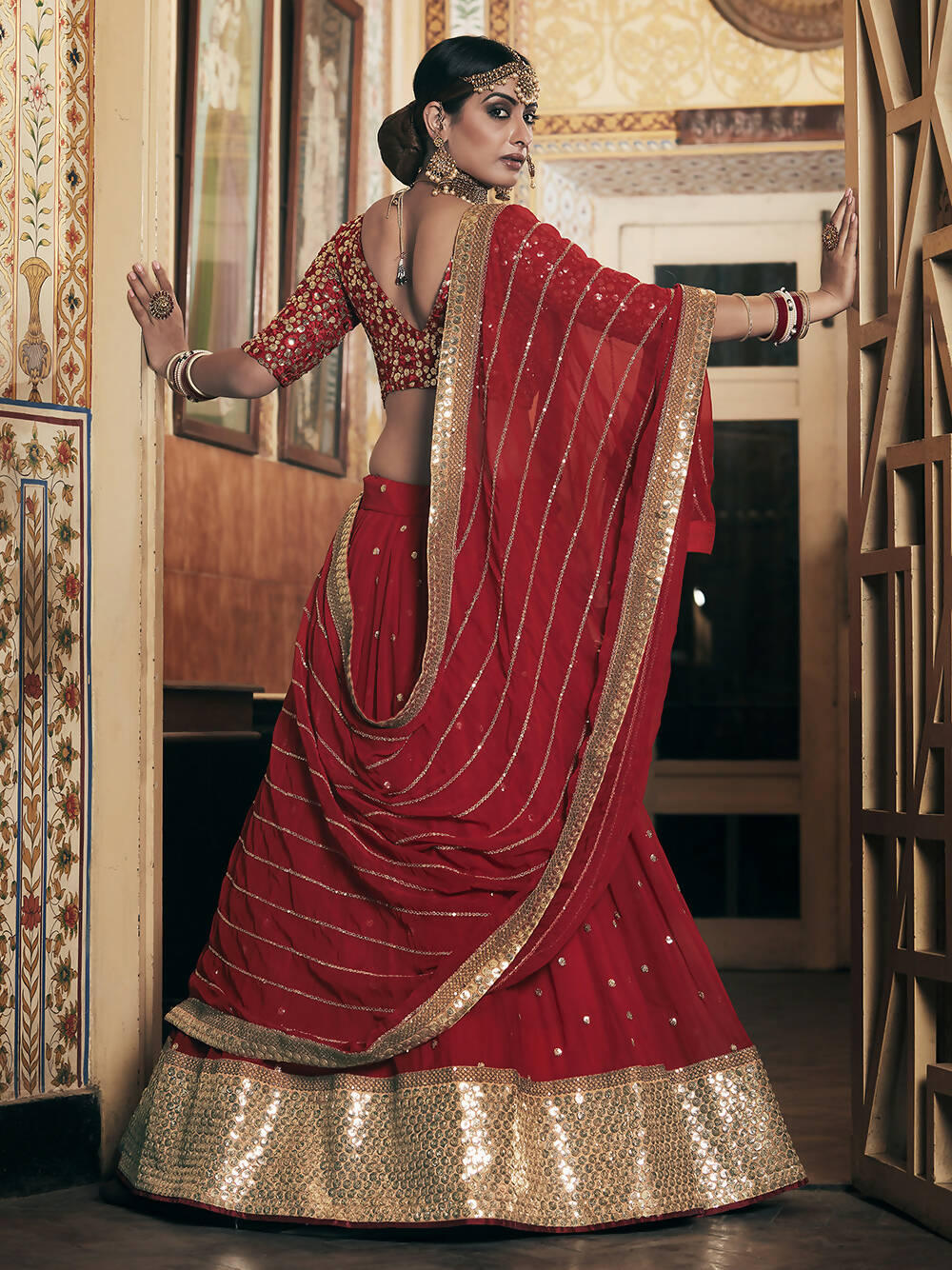 Wedding Designer Sequene Zari Resham Embroidery Red Georgette Lahengha Choli - Anbazaar | Swadesiicart