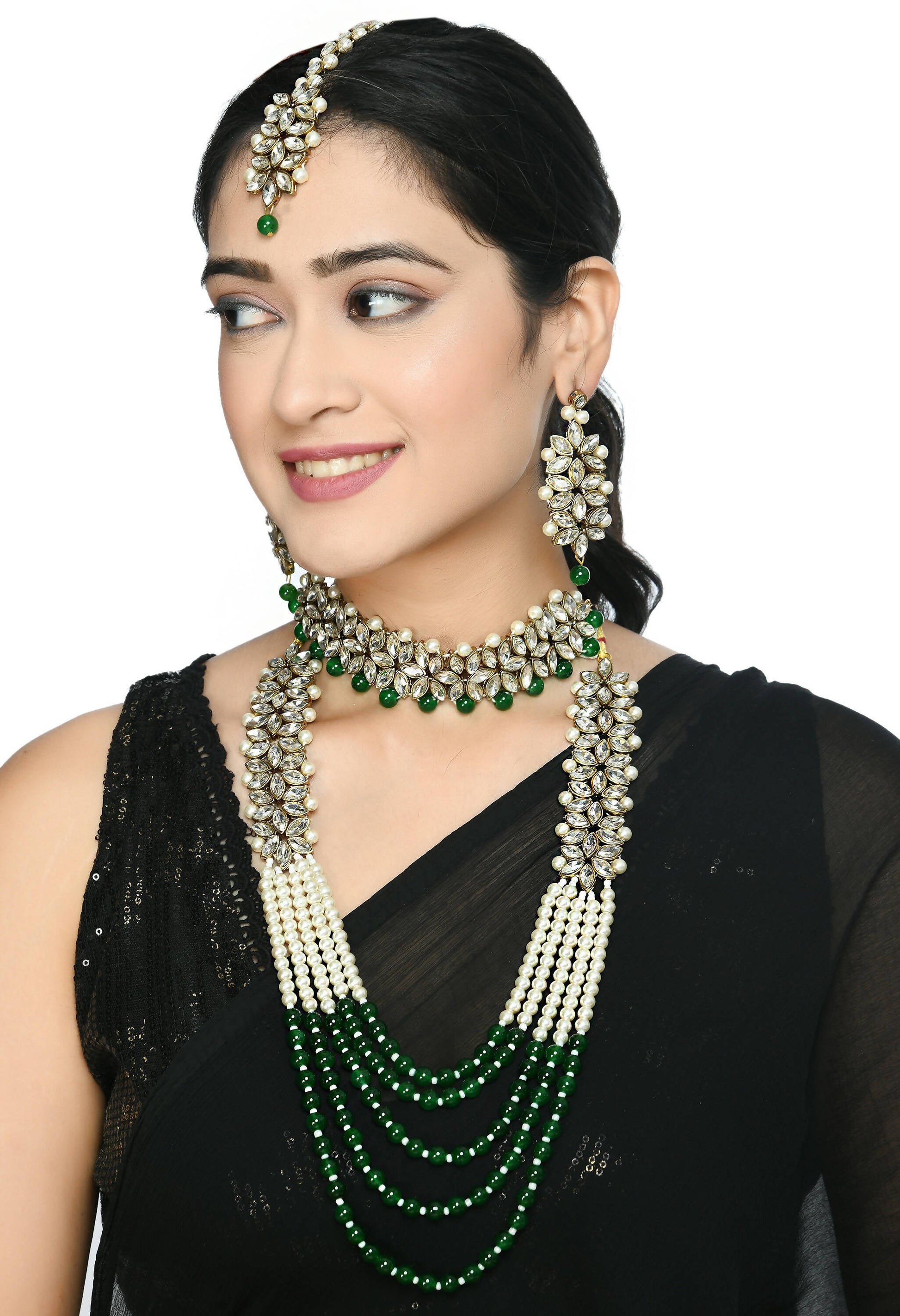 Mominos Fashion Johar Kamal Gold-Polished Rani Haar with Green and Off white Pearls Jewellery Set - Swadesiicart