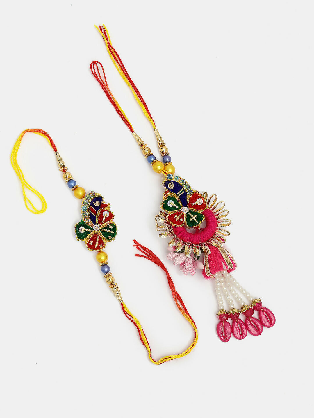 NVR Women & Men Set of 2 Multicolor Thread Work & Beaded Bhaiya Bhabhi Rakhi With Roli Chawal | Swadesiicart