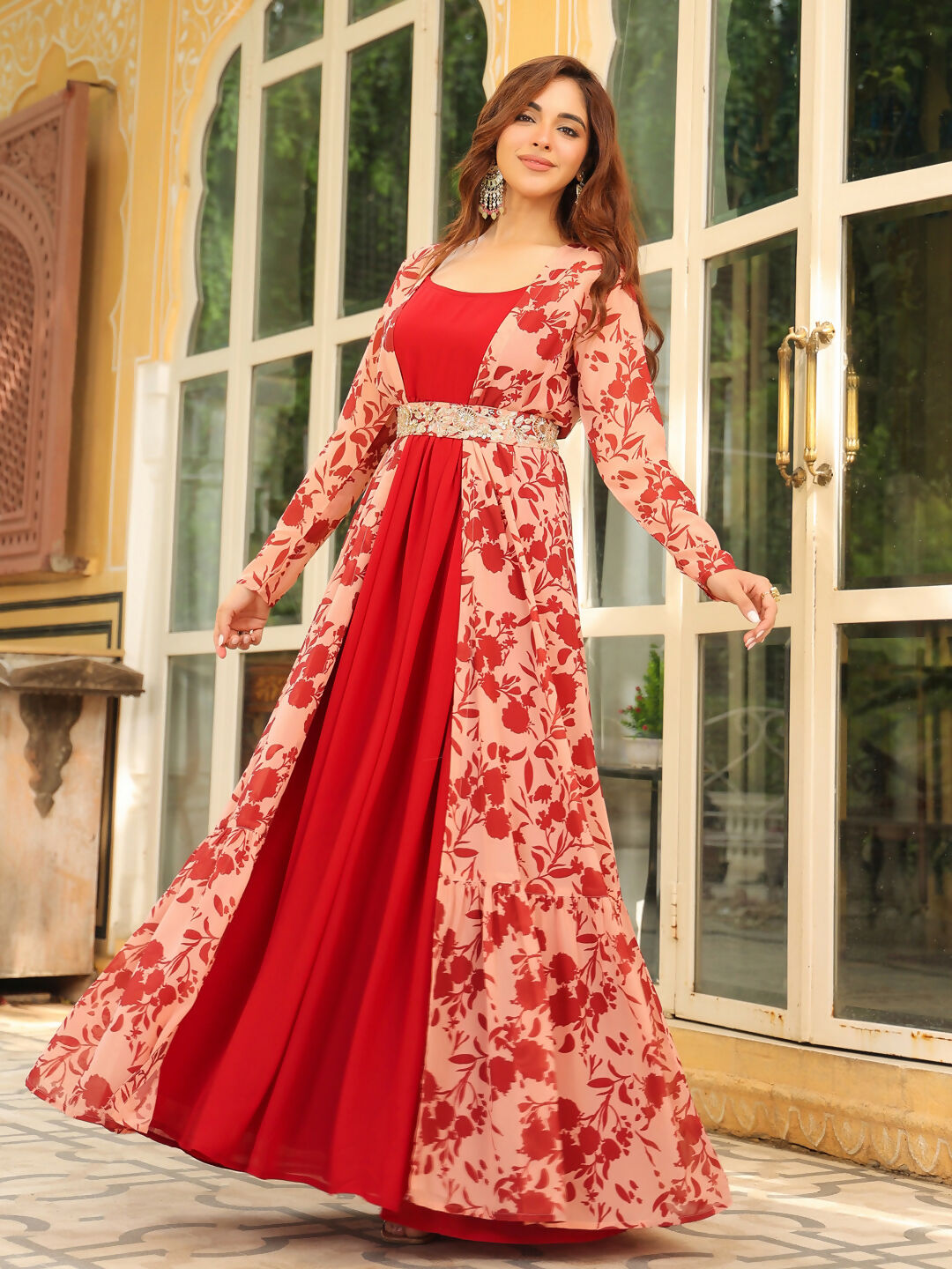 Janasya Maroon Georgette Solid Dress & Jacket | Swadesiicart