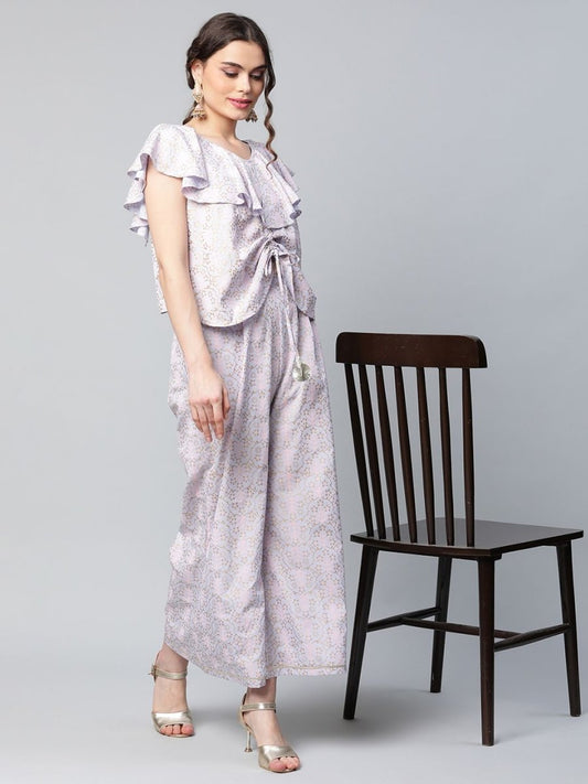 Ahalyaa Women Powder Blue Crepe Khari Printed Top with Palazzo Set | Swadesiicart