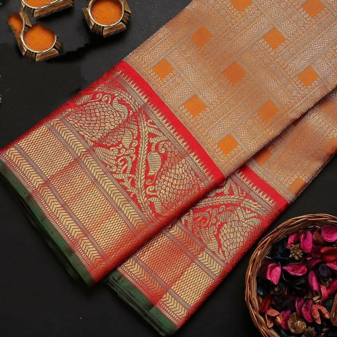 DEIANA'S Beautiful Designer Golden zari Soft Lichi Silk Saree - Orange - Swadesiicart