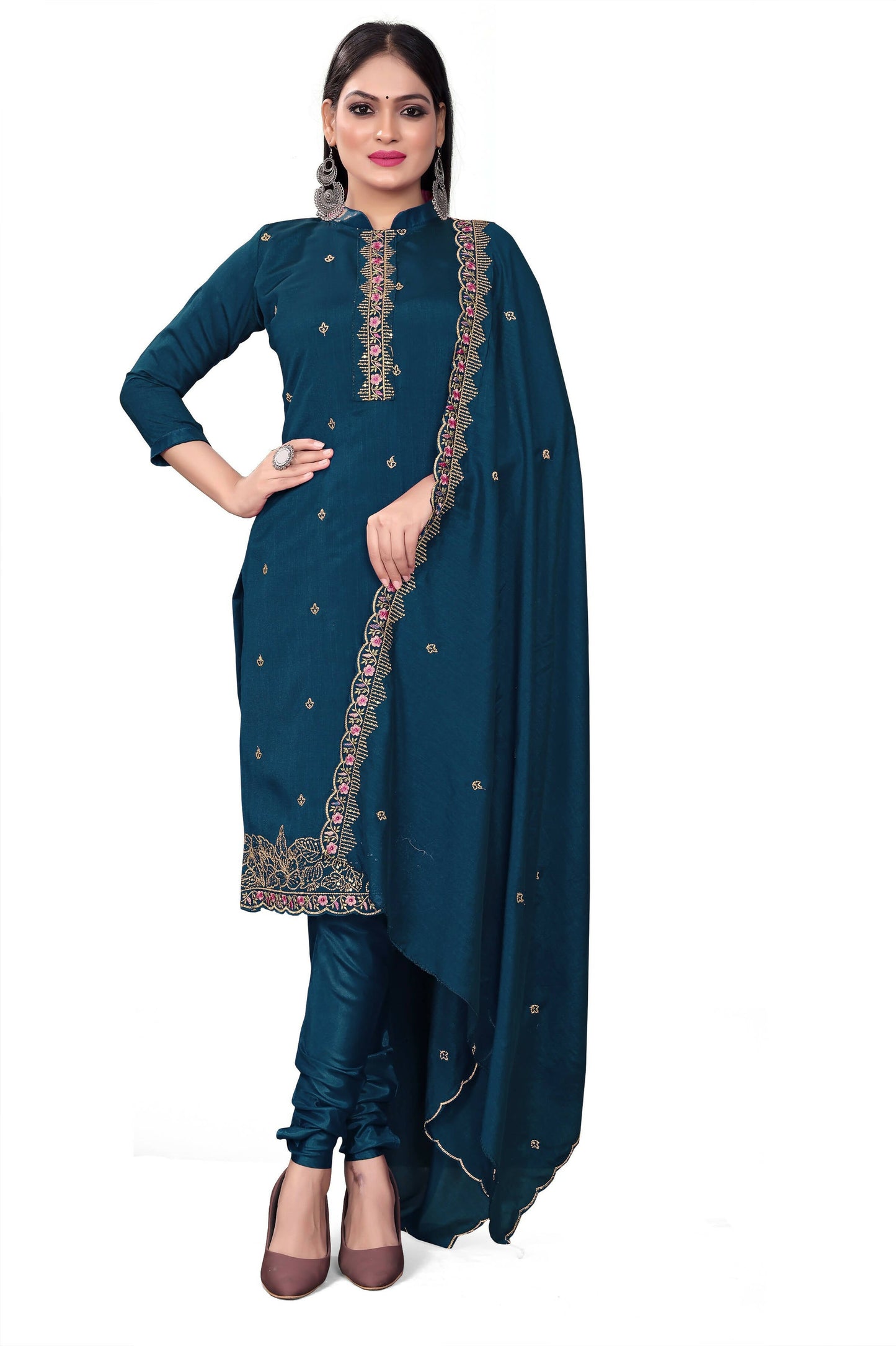 Blue Silk Embroidered with Sequins work Unstitched Dress Material - Tanvi