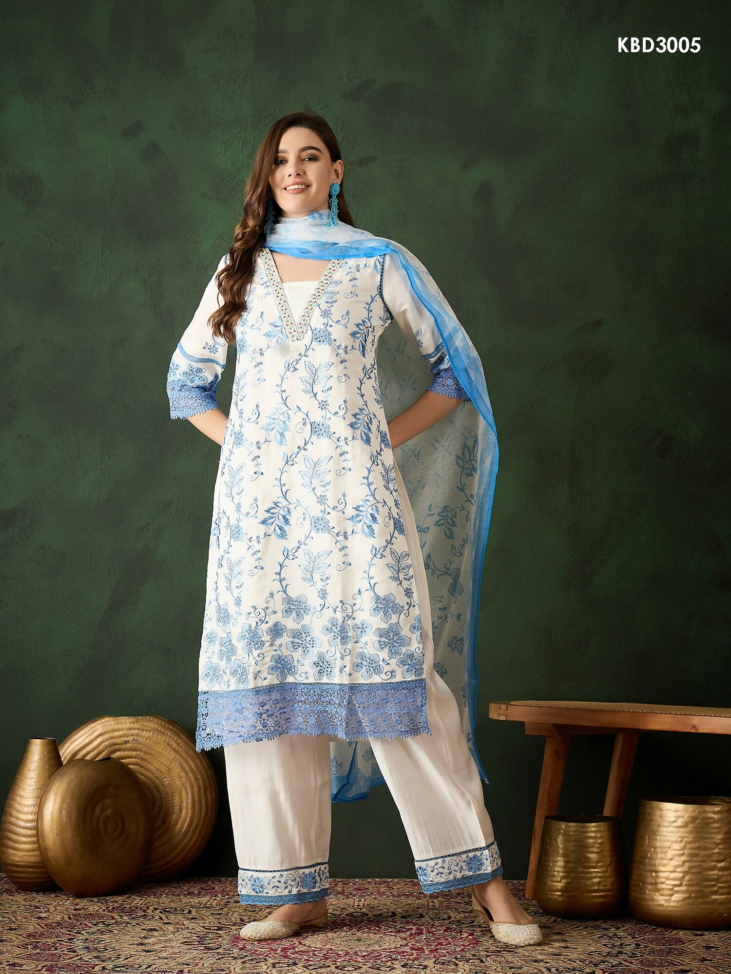 Blue & White Roman Silk Embroidered Kurta With Trouser & Dupatta - Bhumi
