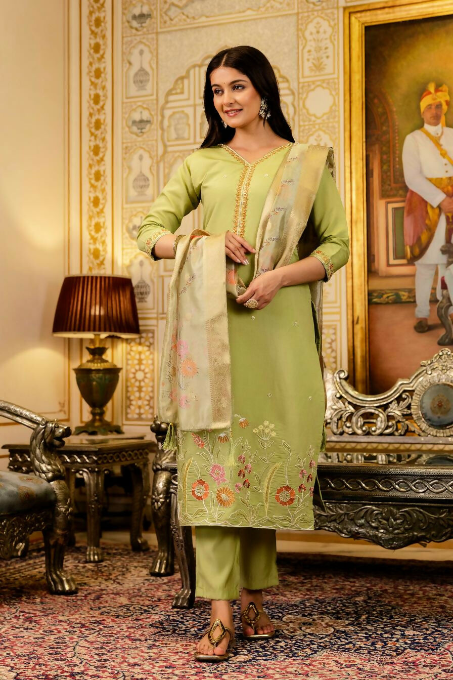 The52 Lemons Women's Beautiful Viscose Shimmer Fabric Embroidered Work Straight Kurta Pant and Dupatta Set - Swadesiicart