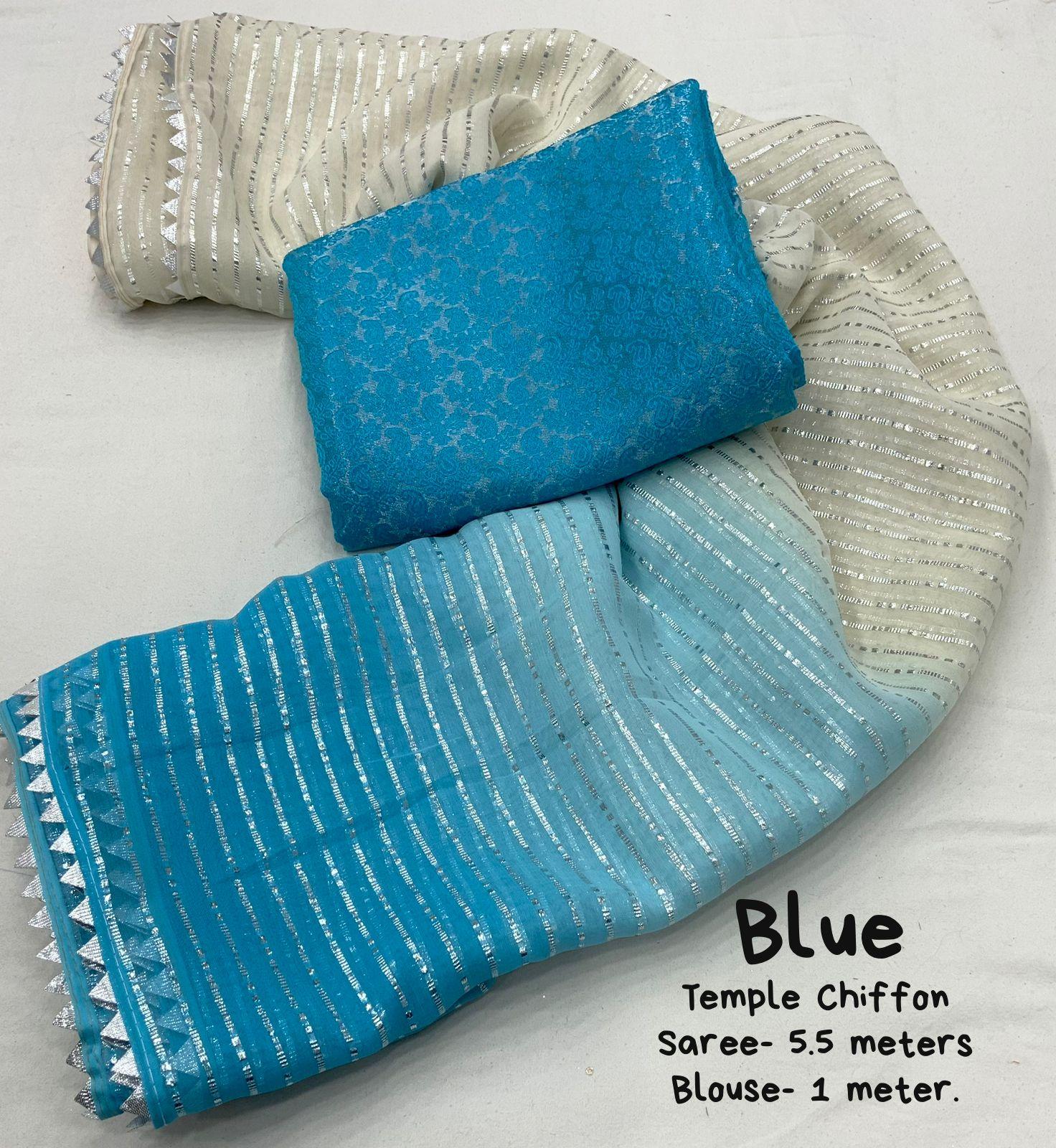 Blue Poly Chiffon Striped Saree with Unstitched Blouse - Hiral Fashion | Swadesiicart