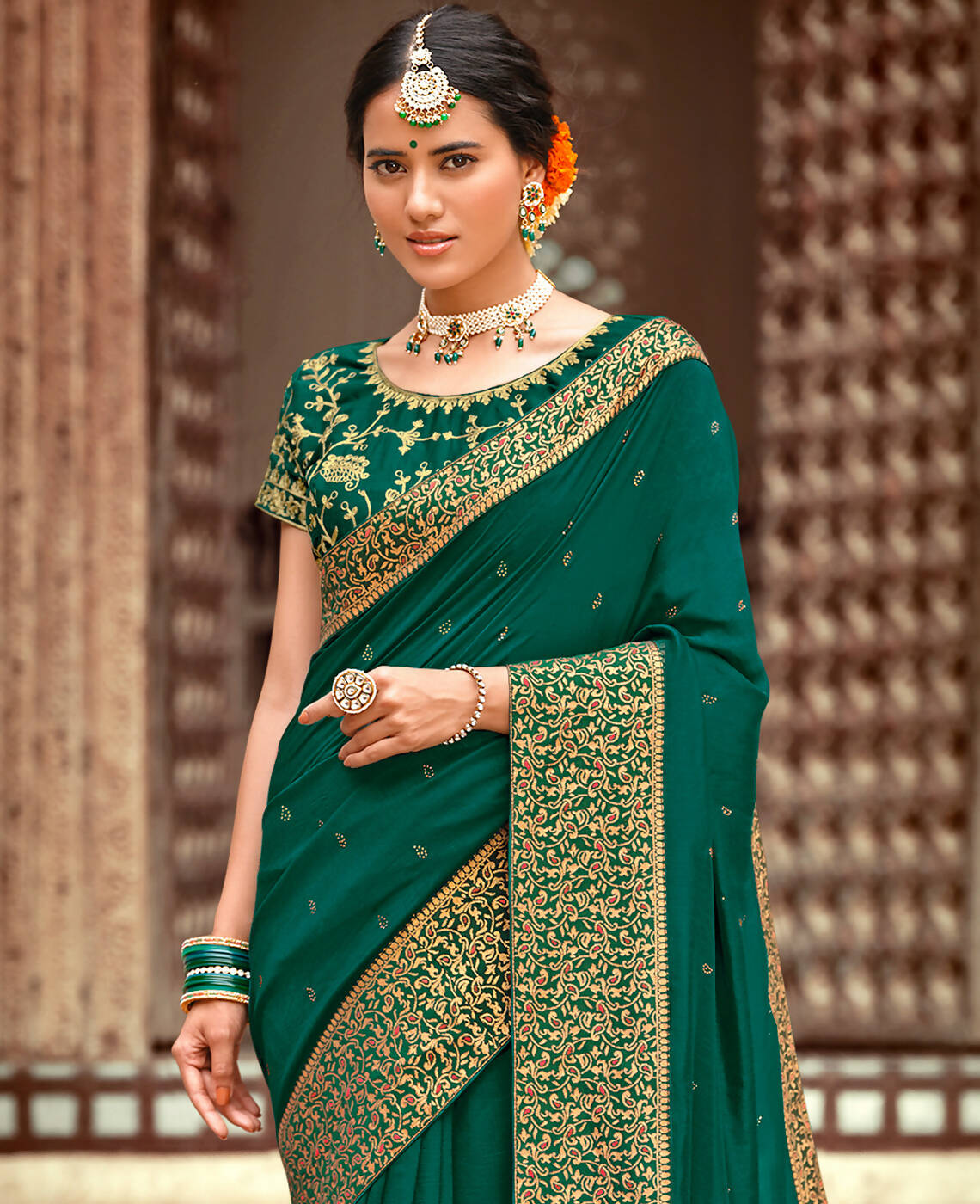 Bottle Green Vichitra Stone Work Saree With Unstitched Blouse Piece - Rosy