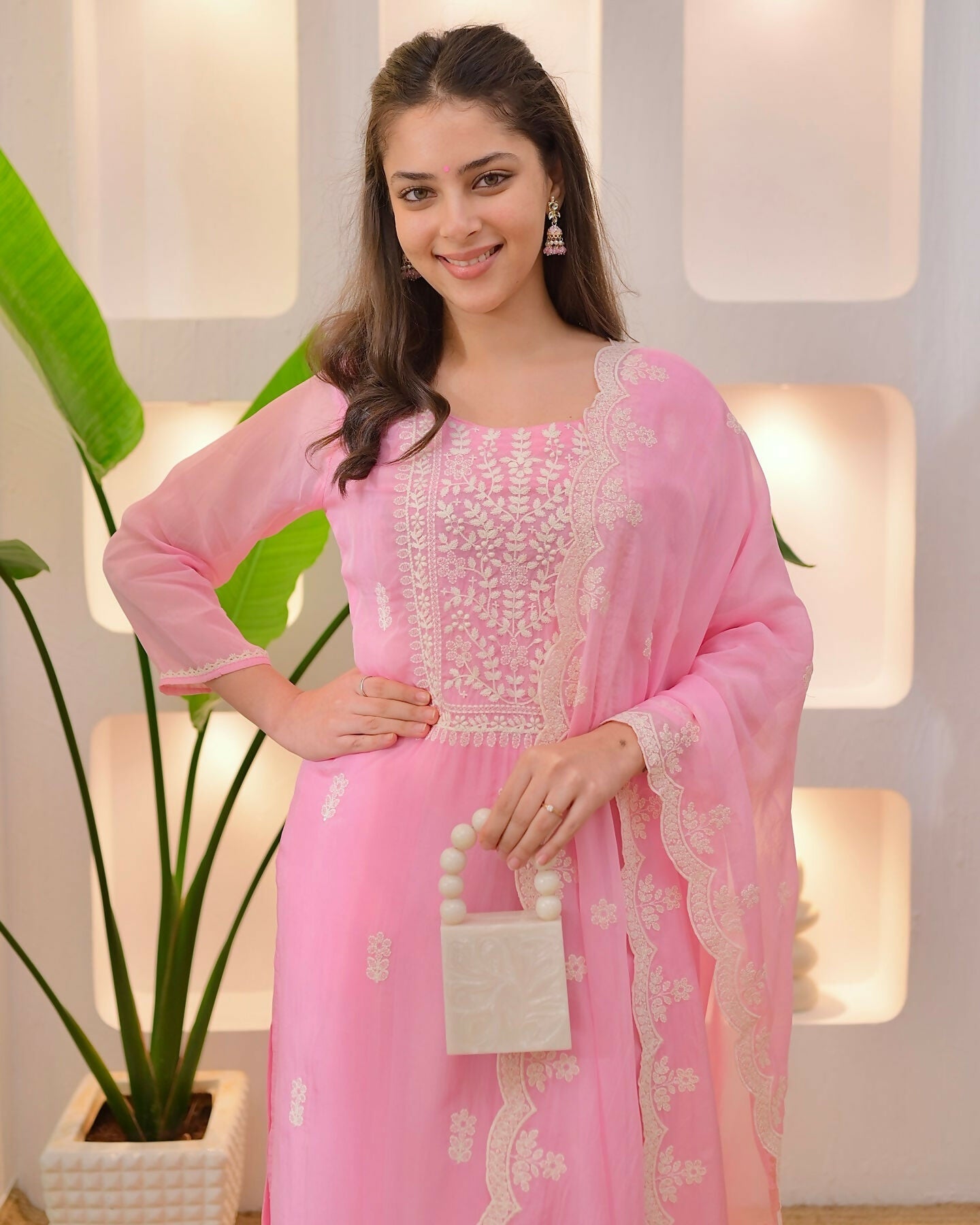 The52 Pink Women's Beautiful Chikankari Work Chanderi Fabric Straight Kurta Pant and Dupatta Set - Swadesiicart