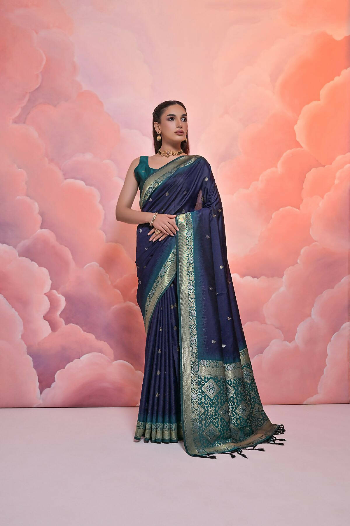 Vishnu Weaves Women's Navy-Blue Soft Silk Zari Woven Saree with Blouse - Swadesiicart