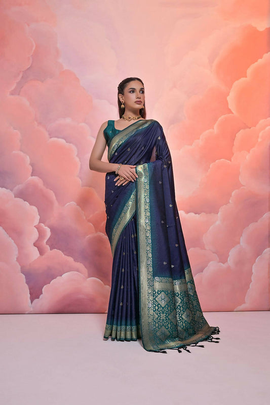 Vishnu Weaves Women's Navy-Blue Soft Silk Zari Woven Saree with Blouse - Swadesiicart