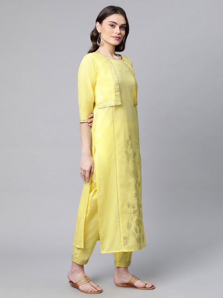 Ahalyaa Women Yellow Pure Cotton Printed Floral Kurta With Trousers | Swadesiicart