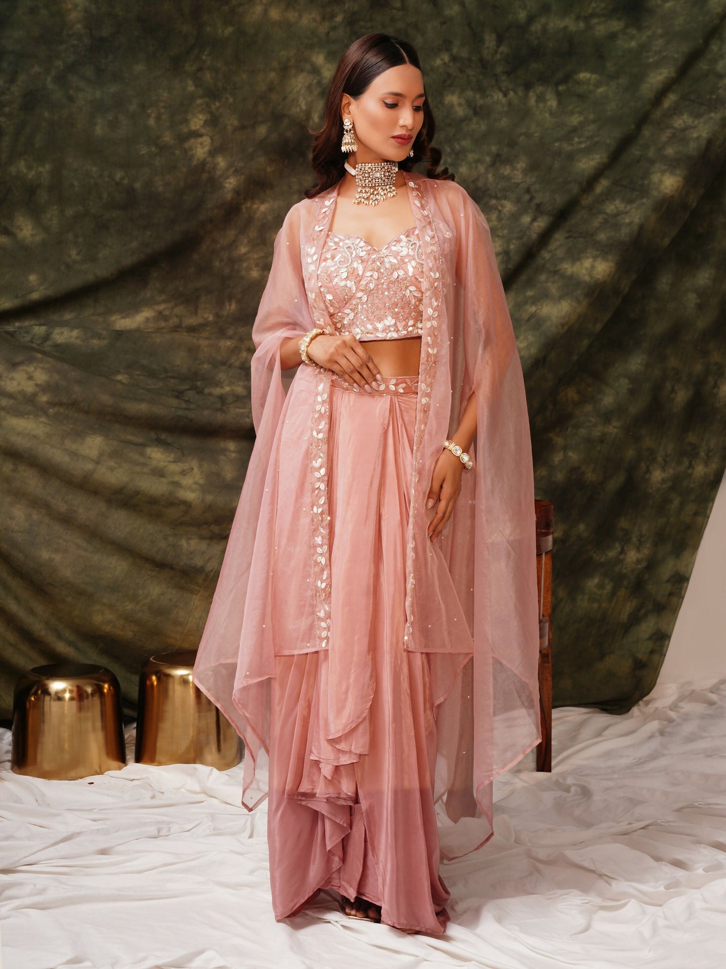 Peach Pure Crepe Handwork Top with Skirt & Shrug - Naomika - Swadesiicart