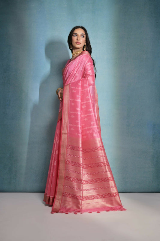 Vishnu Weaves Women's Gajri Raw Silk Zari Woven Saree with Blouse - Swadesiicart