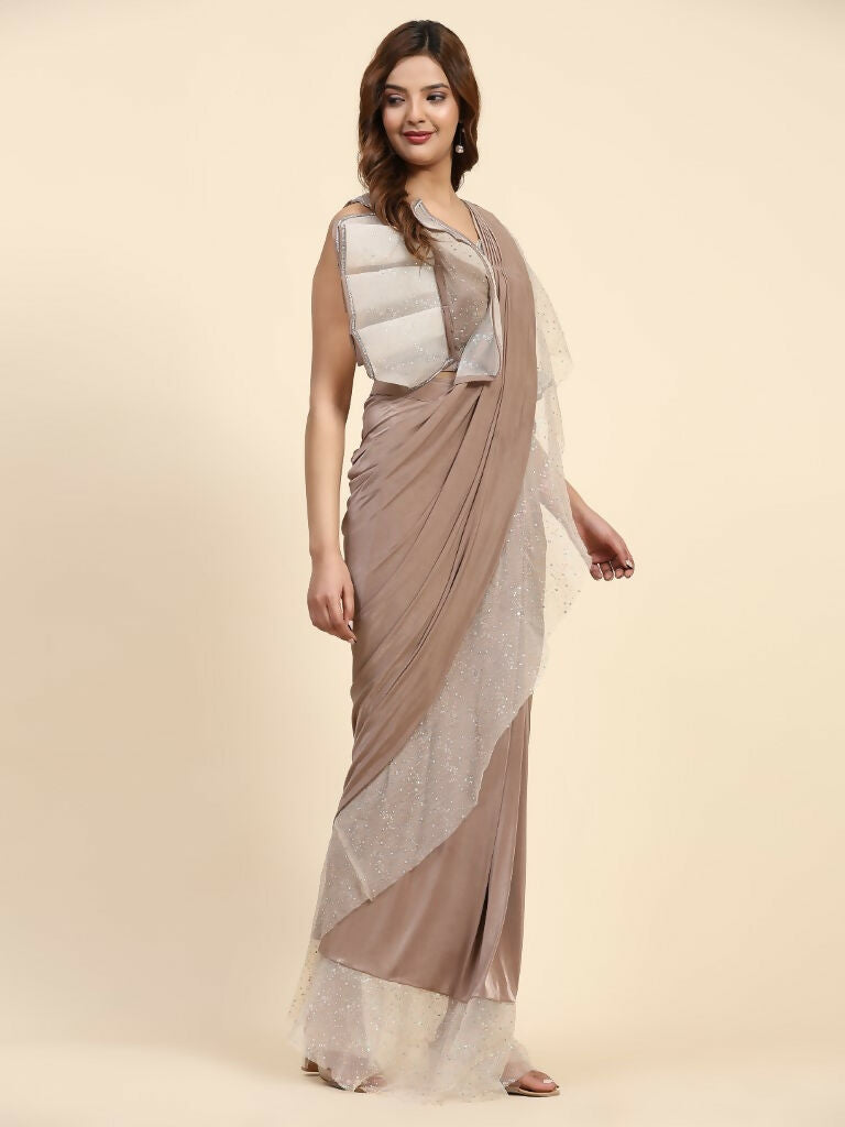 Light Brown Lycra Solid Ready to Wear Saree with stitched Blouse - Nita | Swadesiicart