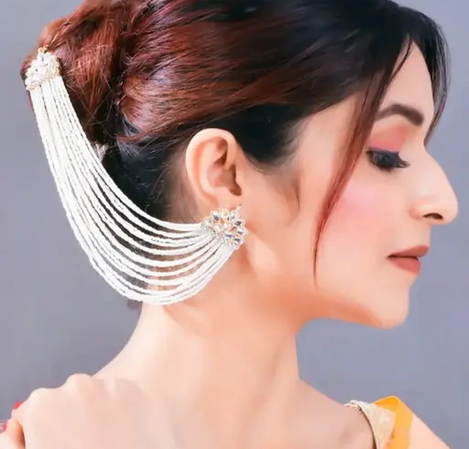 Jewel City Pearl Cascade Ear Cuff and Hair Chain | Bridal White Beaded Statement Earrings | Swadesiicart