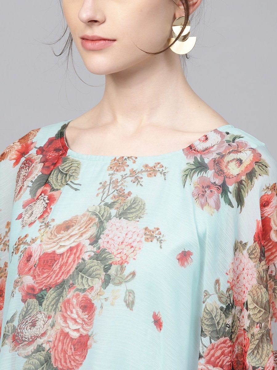 Ahalyaa Aqua Blue Poly Silk Kurta With Attached Printed Dupatta | Swadesiicart