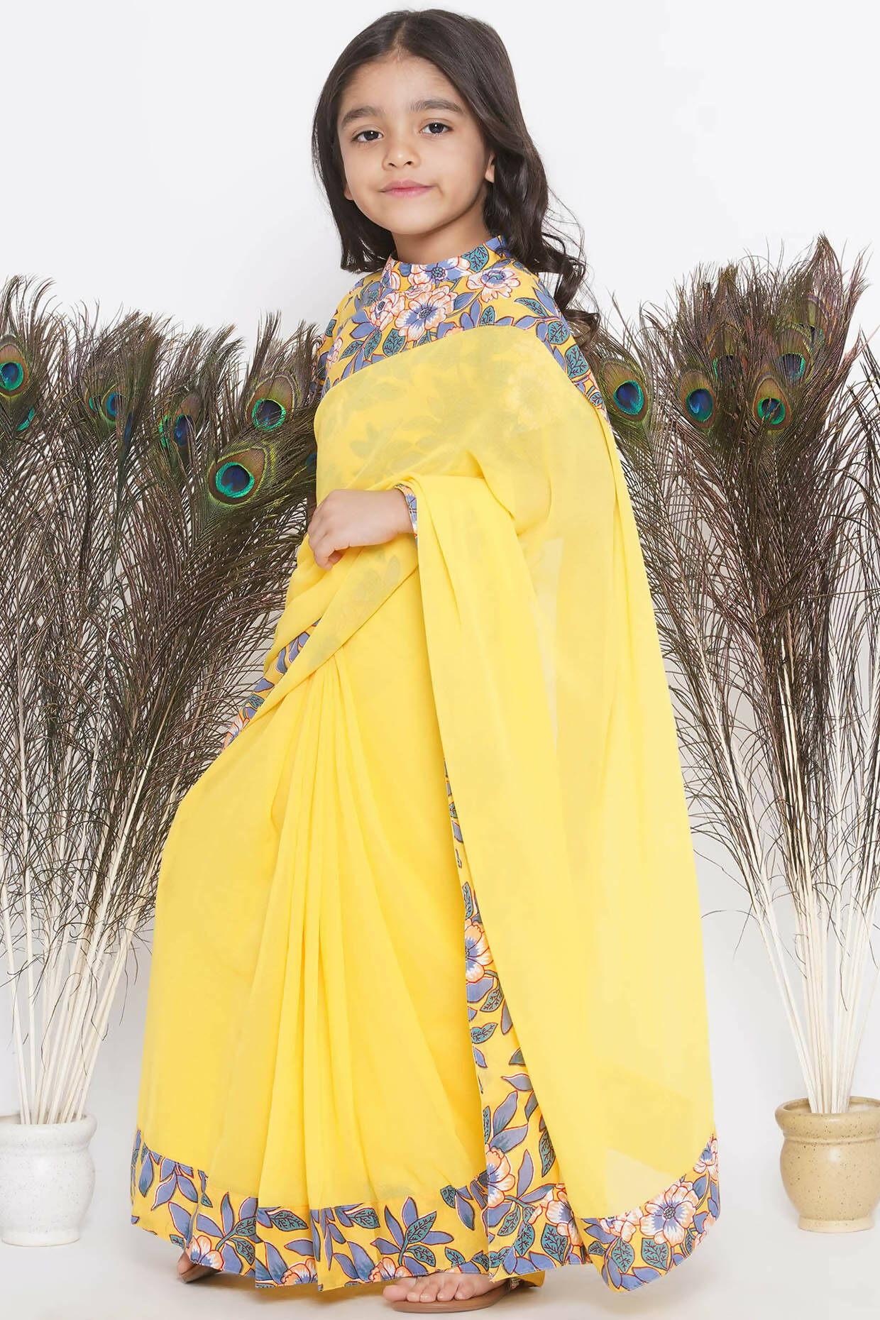 Little Bansi Floral Print Ready To Wear Saree And Floral Blouse - Yellow | Swadesiicart