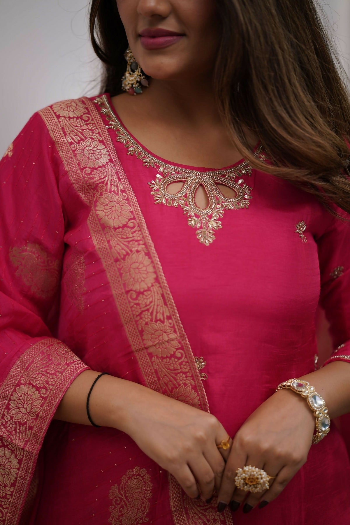 The52 Gajri Women's Gorgeous Embroidered Viscose Chanderi Fabric Straight Kurta Pant with Dupatta Set - Swadesiicart