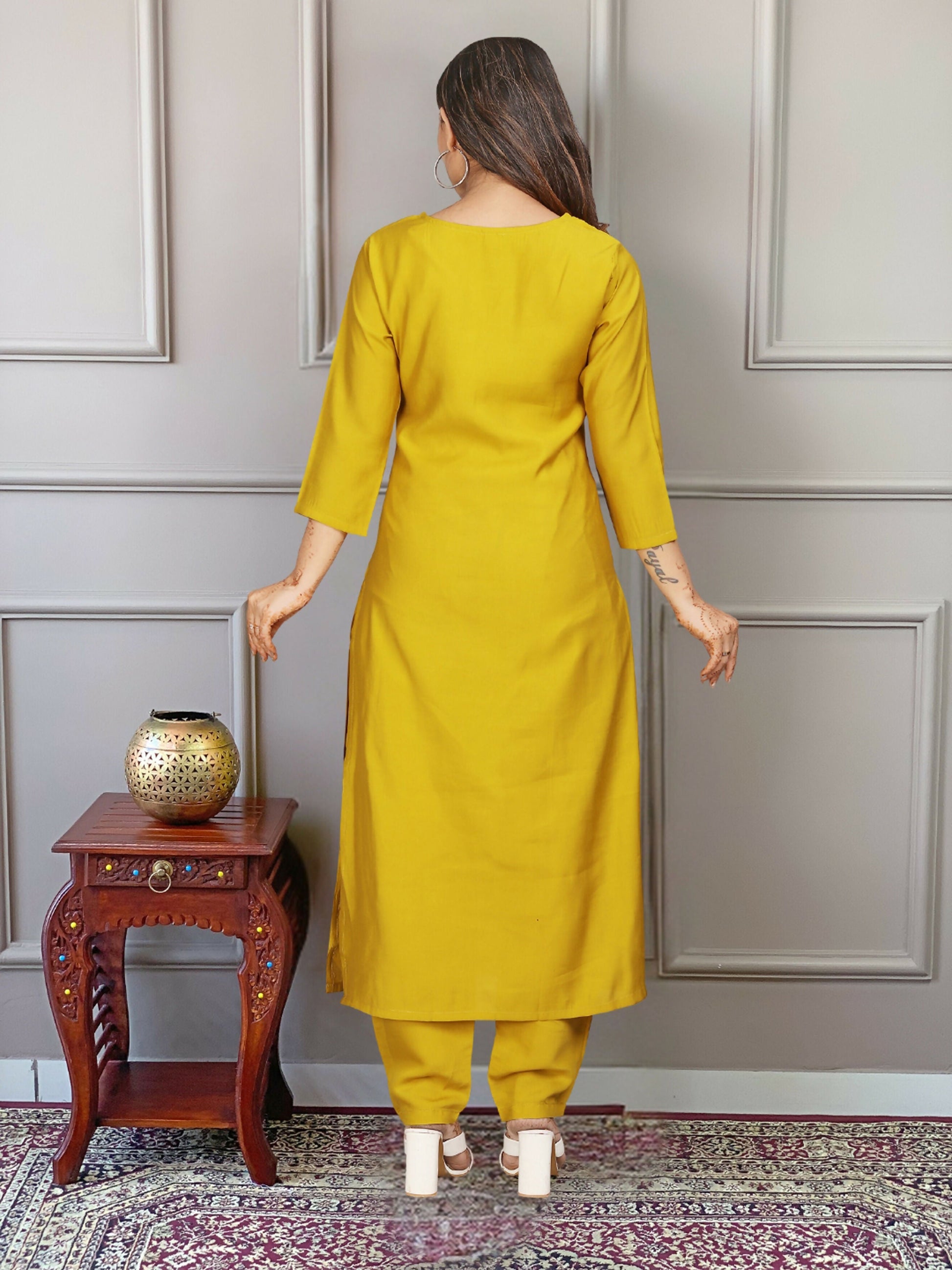 PartywearDesigner Viscose Yellow Stitched Suit With Dupatta - Tanisha | Swadesiicart