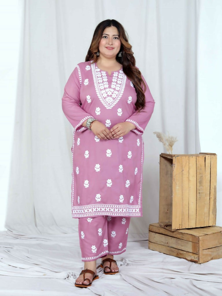 Miravan Women's Plus Size Chikankari Embroidery Pink Straight Kurta And Palazzo Set | Swadesiicart