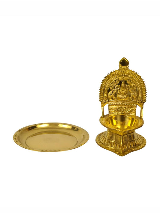 Spillbox Gold Toned Kamachi Diya With Plate Pooja Essentials | Swadesiicart