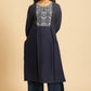 W for Woman Blue Solid Printed Pure Cotton Straight Kurta with Parallel Pant Set