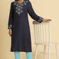 W for Woman Blue Solid Thread Work Rayon Flax Straight Kurta and Slim Pant Set