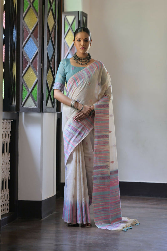 Vishnu Weaves Women's Firozi Muga Cotton Saree with Blouse - Swadesiicart