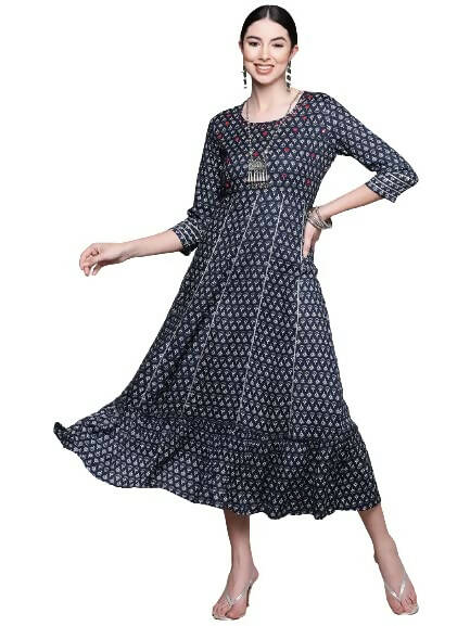 Anubhutee Women's Viscose Rayon Navy Blue Printed Ethnic Dress | Swadesiicart