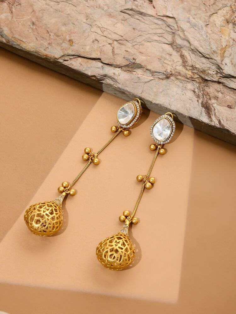 Glass Kundan Antique finish Long Earrings - Ruby Raang | Swadesiicart