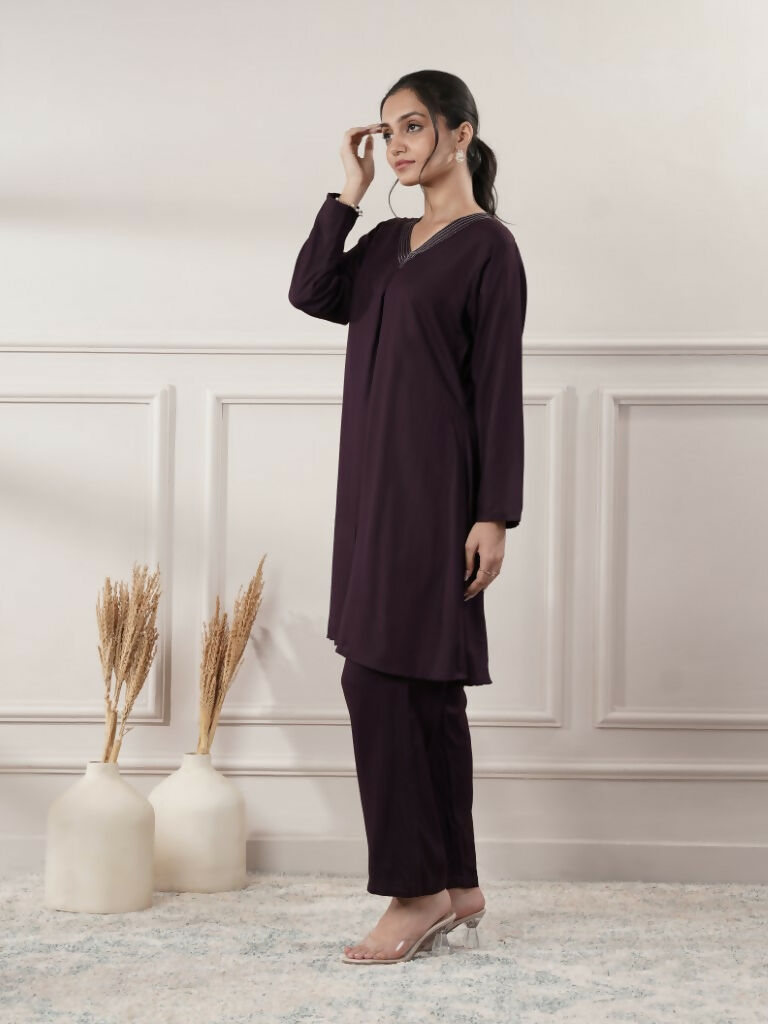 Joban Fashion Women's Rayon Wine V-Neck Co-Ord Set With Pant - Swadesiicart