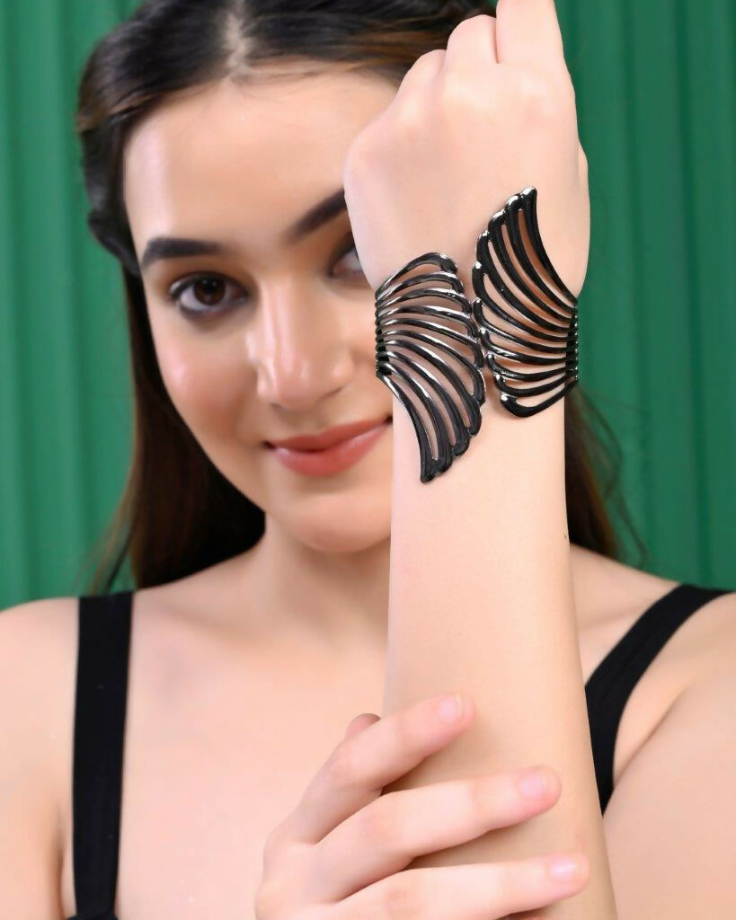 VOJ Pack of 3 Bracelet - Gold, Silver and Black Tonned Kada Bracelet. - Swadesiicart