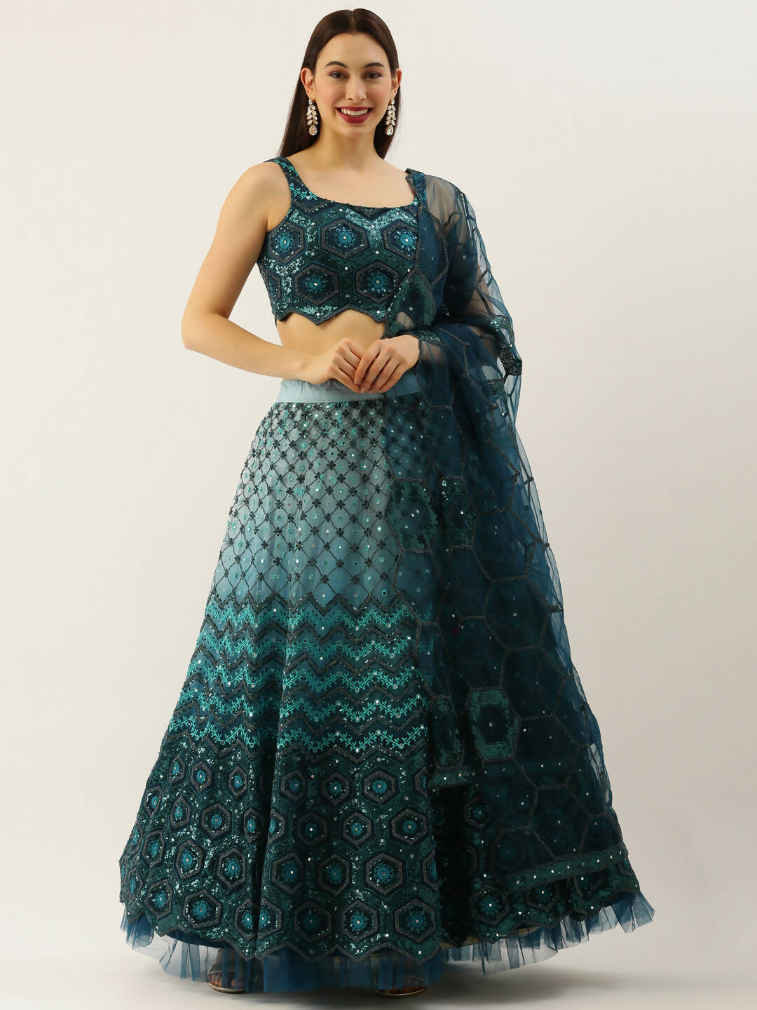 House of Panchhi Women Teal Net Embroidered Sequins Lehenga & Blouse with Dupatta | Swadesiicart