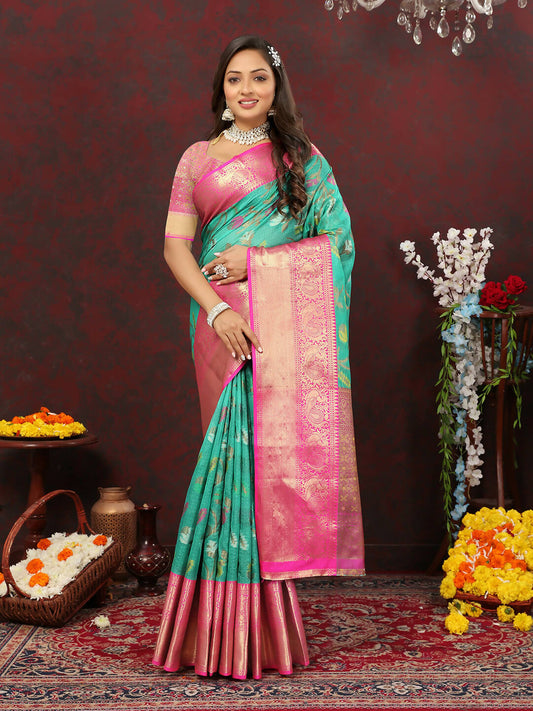 Lorenvalley Fashion Teal Cotton Woven Design Zari Meenakari Weaving Saree - Swadesiicart