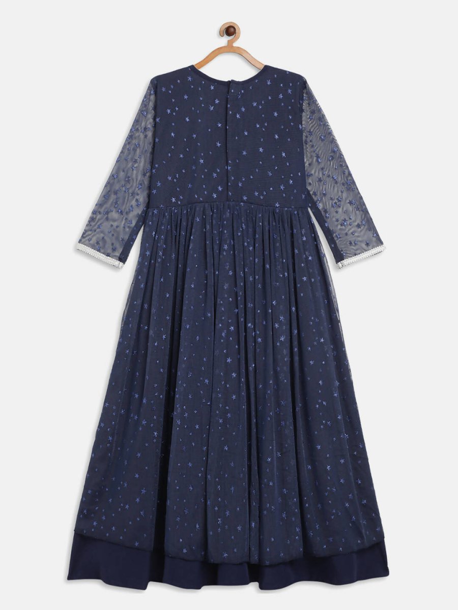Ahalyaa Navy Blue Net Foil Print Kids Dress For Girls | Swadesiicart