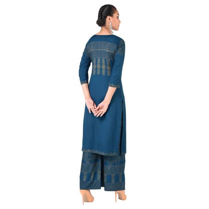 Aniyah Rayon Block Print Front Slit Straight Kurta With Palazzo Set In Blue (AN-166K) | Swadesiicart