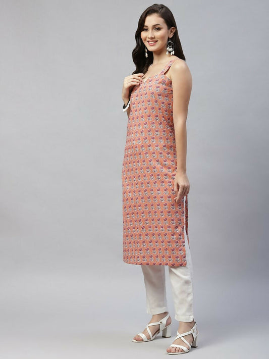 Miravan Women's Floral Printed Strappy Peach Straight Kurta - Swadesiicart