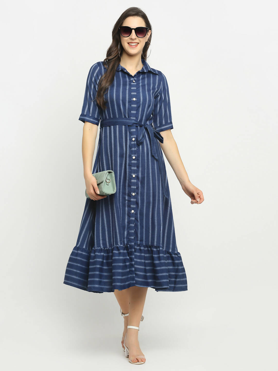 Rudra Bazaar Blue A-Line Striped Kurta | Swadesiicart