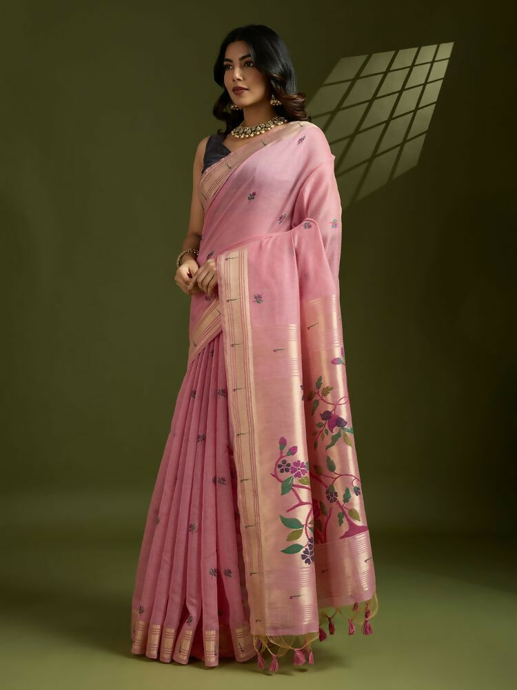 Vishnu Weaves Women's Pink Muga Cotton Thread Woven Butti with Blouse - Swadesiicart