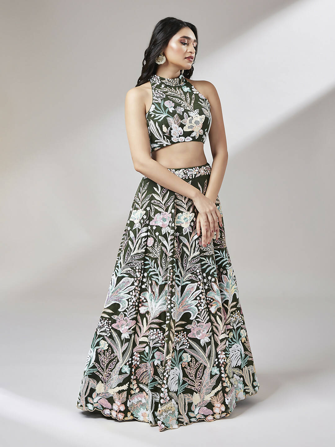 House of Panchhi Olive Net Sequinse Work Lehenga & Blouse with Dupatta | Swadesiicart