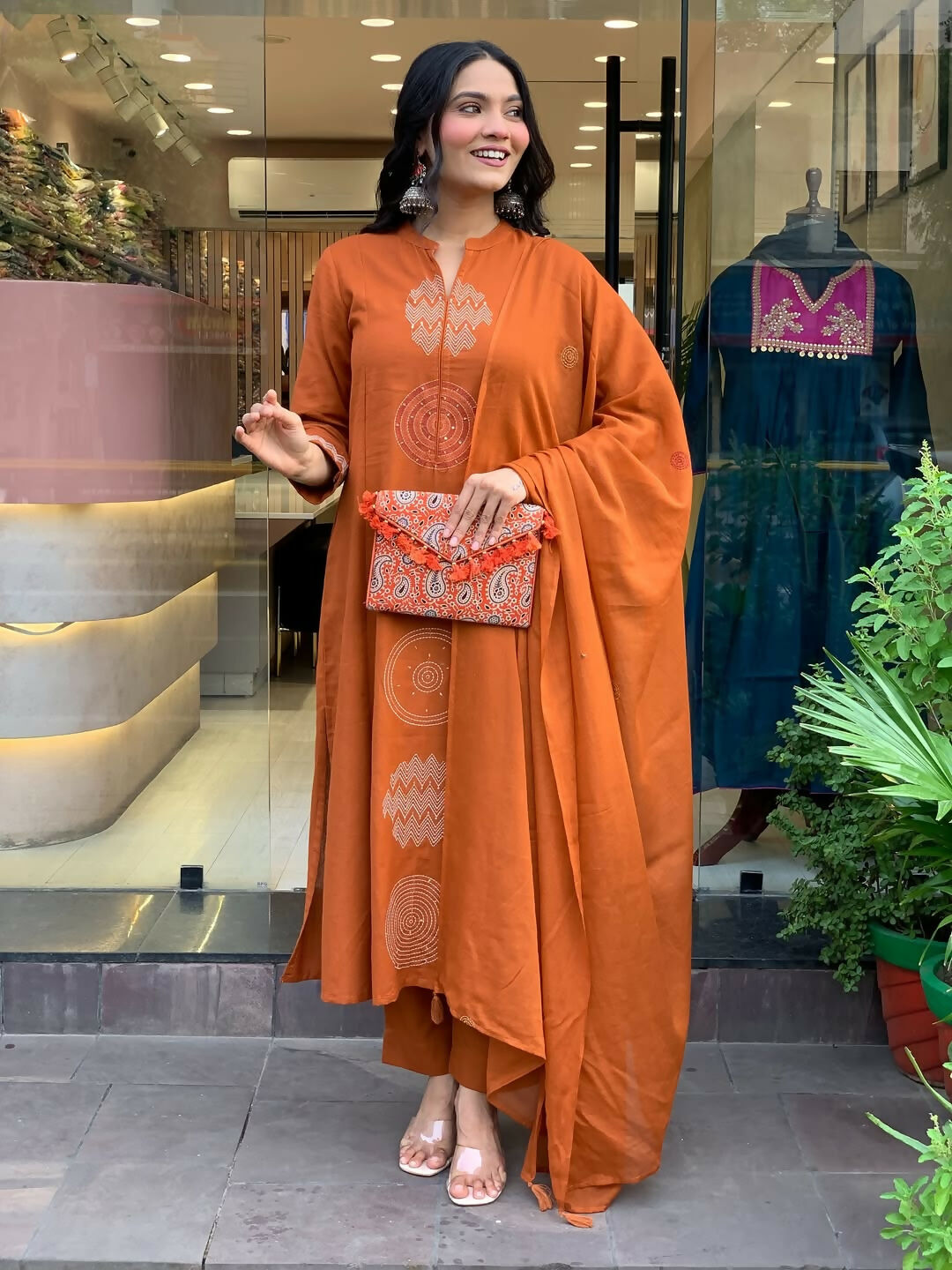 The52 Orange Women's Gorgeous Chanderi Fabric Embroidered Work Straight Kurta Pant and Dupatta Set - Swadesiicart