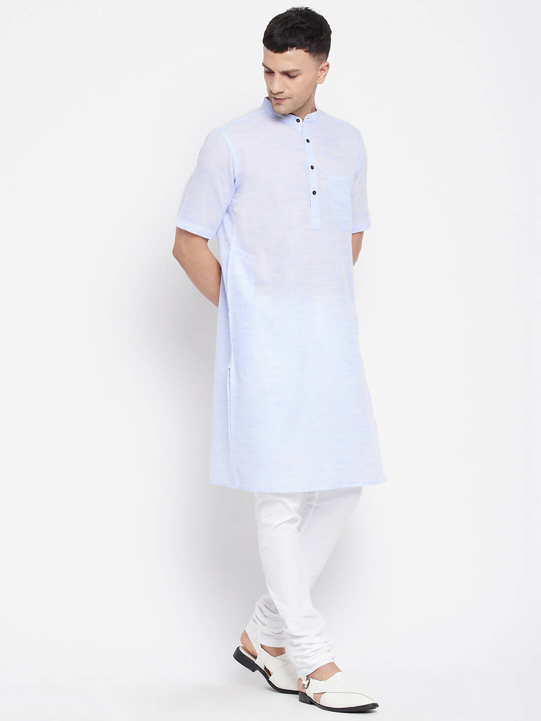 Even Apparels Blue Color Pure Cotton With Band Collar Men's H/S Kurta | Swadesiicart