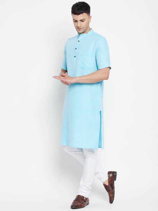 Even Apparels Blue Color Pure Cotton Men's H/S Kurta With Band Collar | Swadesiicart