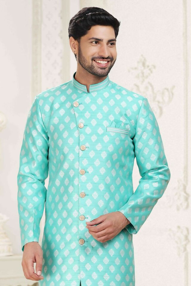 Raivat Ethnic Banarasi Jacquard Embroidery Semi Indo Western Sherwani In Green Colour | Swadesiicart