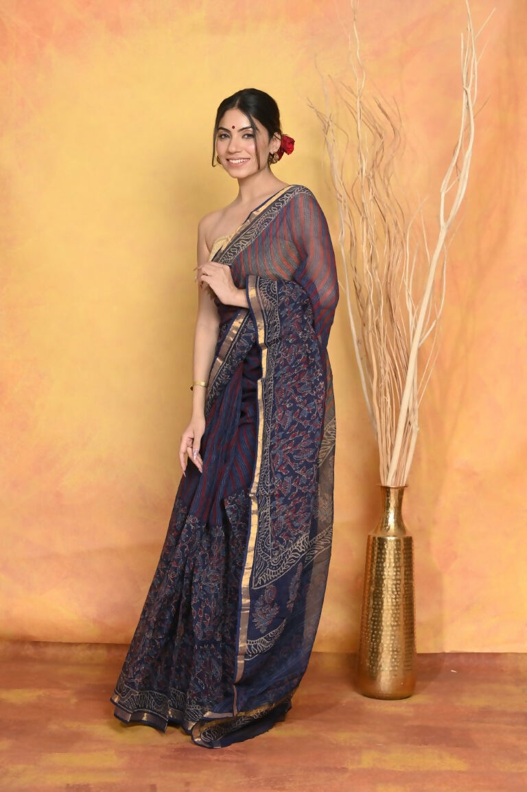 Very Much Indian Pure Kota Cotton Handblock Printed Saree - Dark Blue | Swadesiicart