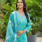 Applique Embroidered & Bandhani Printed Kurta With Pant & Printed Dupatta, Blue - Hiral Fashion