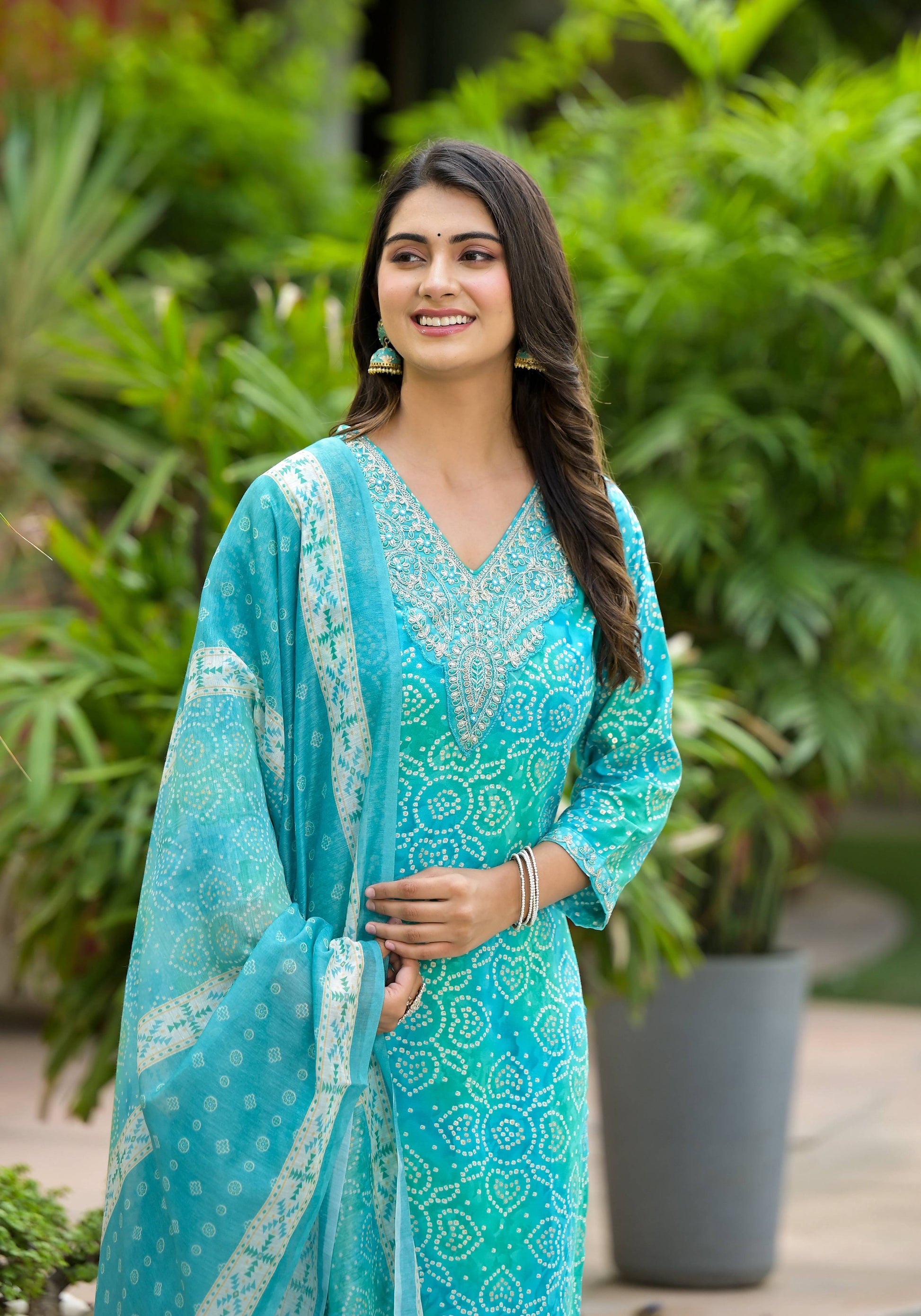 Applique Embroidered & Bandhani Printed Kurta With Pant & Printed Dupatta, Blue - Hiral Fashion