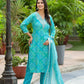 Applique Embroidered & Bandhani Printed Kurta With Pant & Printed Dupatta, Blue - Hiral Fashion