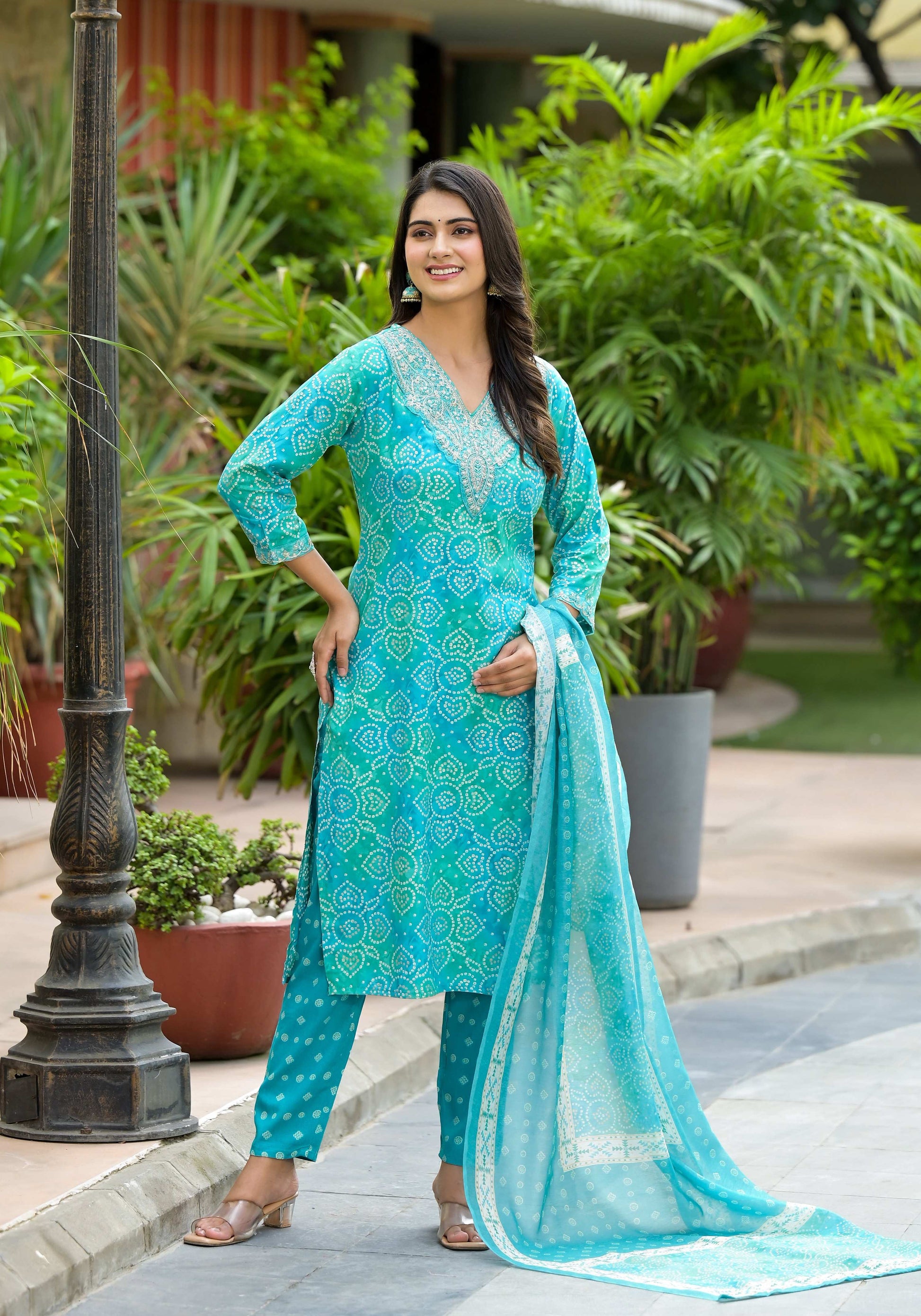 Applique Embroidered & Bandhani Printed Kurta With Pant & Printed Dupatta, Blue - Hiral Fashion